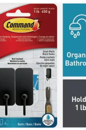 Command BATH33-MB-2ESF Small Bath Hook, 1 lb, 2-Hook, Metal, Matte Black Direct From Factory