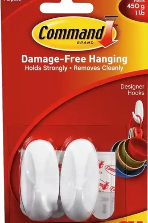 Fan Favorite Command 17082 Designer Hook, 1/4 in Opening, 1 lb, 2-Hook, Plastic, White