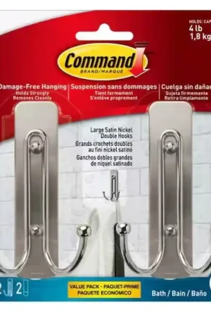 Editor’s Pick Command BATH36-SN-2ESF Large Bath Hook, 4 lb, 2-Hook, Metal, Satin Nickel